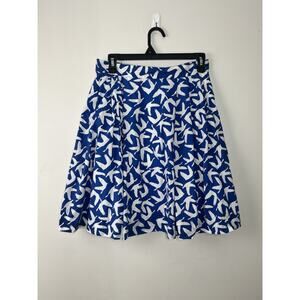 LL Bean Flare Mini Skirt Size 4 Blue White Bird Print Cotton Pleated Preppy